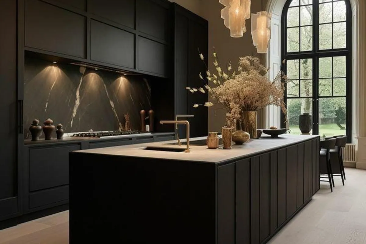 Modern black kitchen with marble splashback, island and brass tap, London