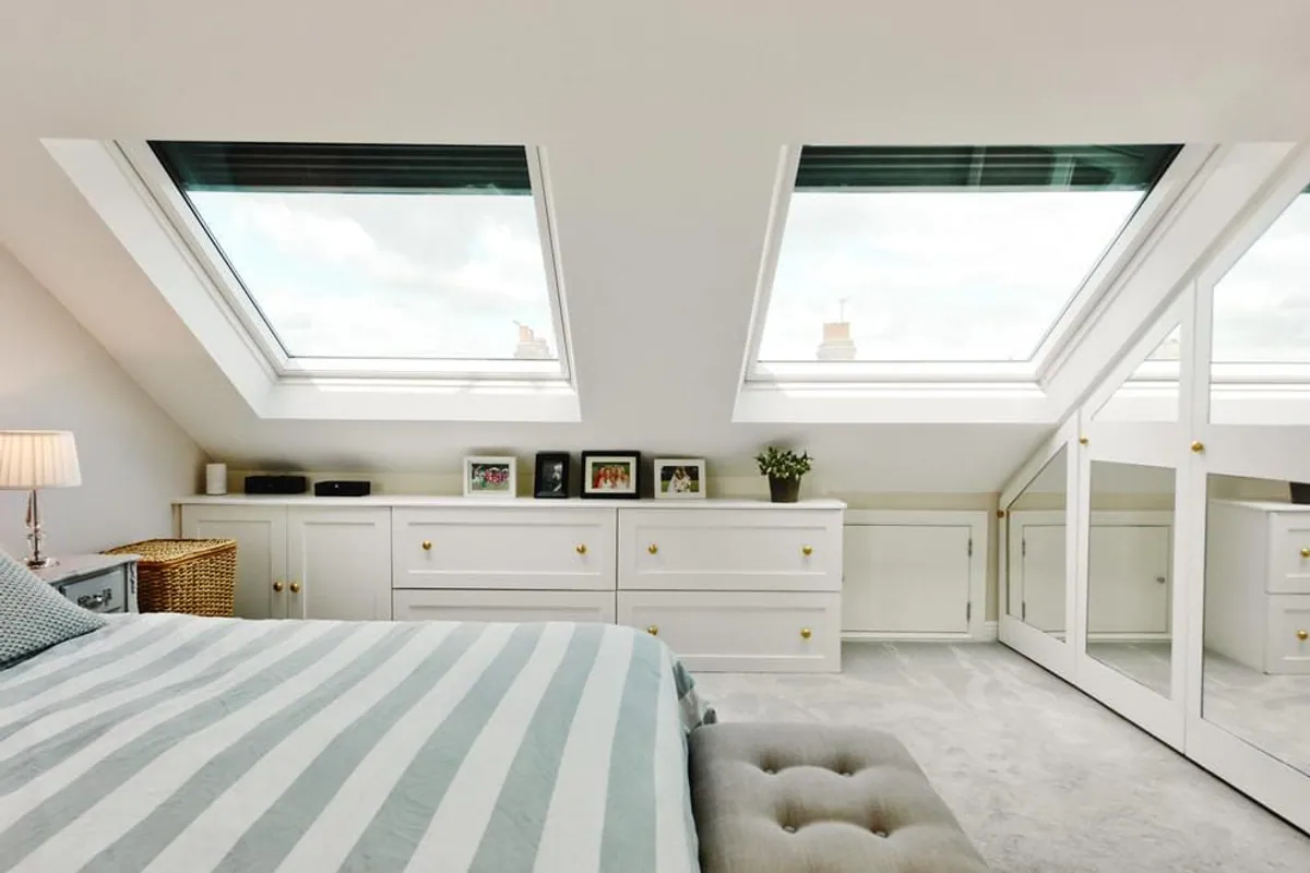 Loft conversion bedroom with Velux skylights and fitted storage, London