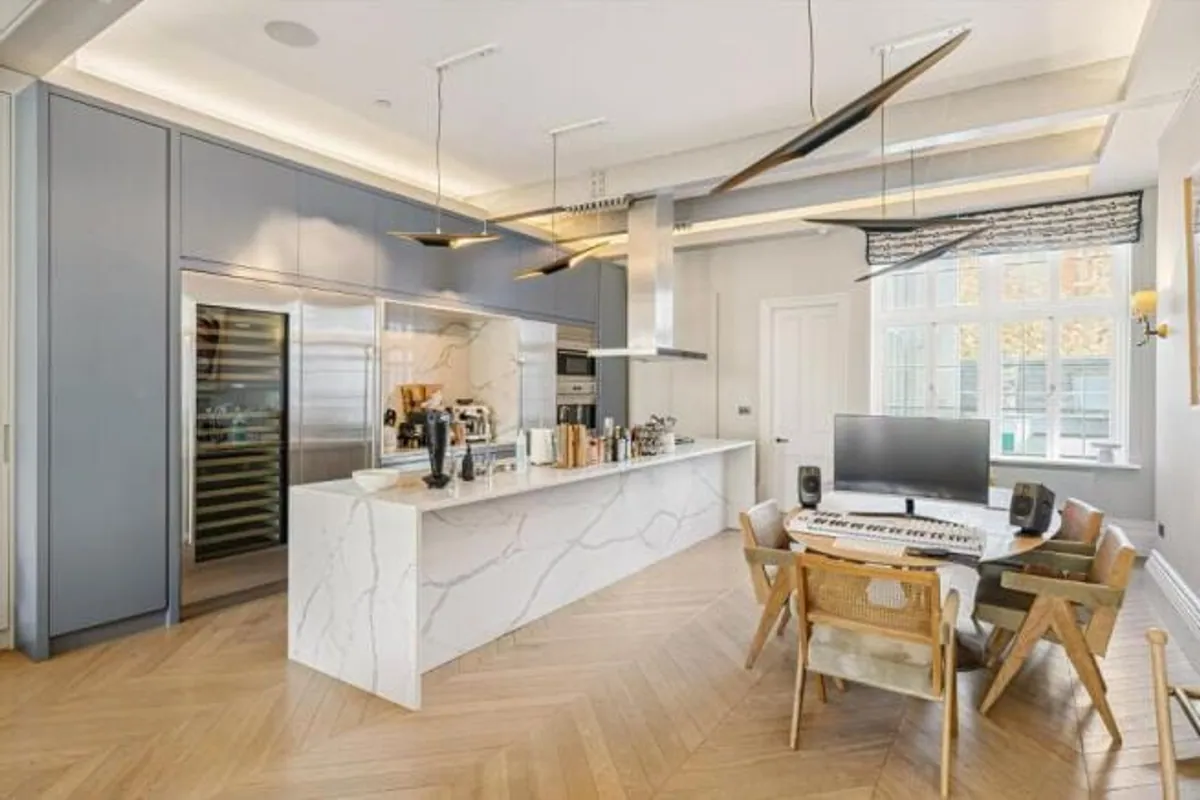 Full home refurbishment with open-plan marble kitchen and living space, London